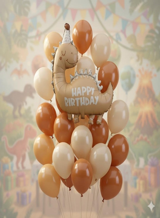 Atpata Funky 34 Inch Party Hat Dinosaur Happy Birthday Foil Balloon with 30pcs. Latex Balloons | Caramel, Sandwhite & Tan Brown | Dino Theme Birthday Party Décor for Kids - Image 3