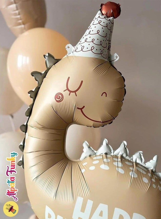 Atpata Funky 34 Inch Party Hat Dinosaur Happy Birthday Foil Balloon with 30pcs. Latex Balloons | Caramel, Sandwhite & Tan Brown | Dino Theme Birthday Party Décor for Kids - Image 4