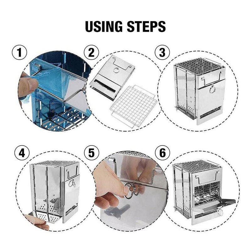 YWHWLX Camping Wood Burning Stove with Grill, Collapsible Backpacking Survival Rocket Stove Stainless Steel Campfire Stove for Outdoor Cooking Picnic Hiking BBQ (Sliver-Small) - Image 4