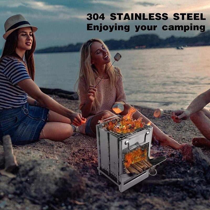 YWHWLX Camping Wood Burning Stove with Grill, Collapsible Backpacking Survival Rocket Stove Stainless Steel Campfire Stove for Outdoor Cooking Picnic Hiking BBQ (Sliver-Small) - Image 3