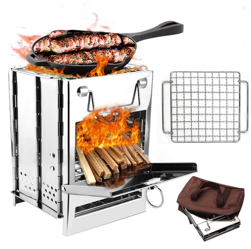 YWHWLX Camping Wood Burning Stove with Grill, Collapsible Backpacking Survival Rocket Stove Stainless Steel Campfire Stove for Outdoor Cooking Picnic Hiking BBQ (Sliver-Small) - Image 1