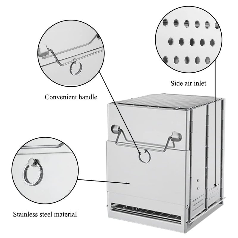 YWHWLX Camping Wood Burning Stove with Grill, Collapsible Backpacking Survival Rocket Stove Stainless Steel Campfire Stove for Outdoor Cooking Picnic Hiking BBQ (Sliver-Small) - Image 5