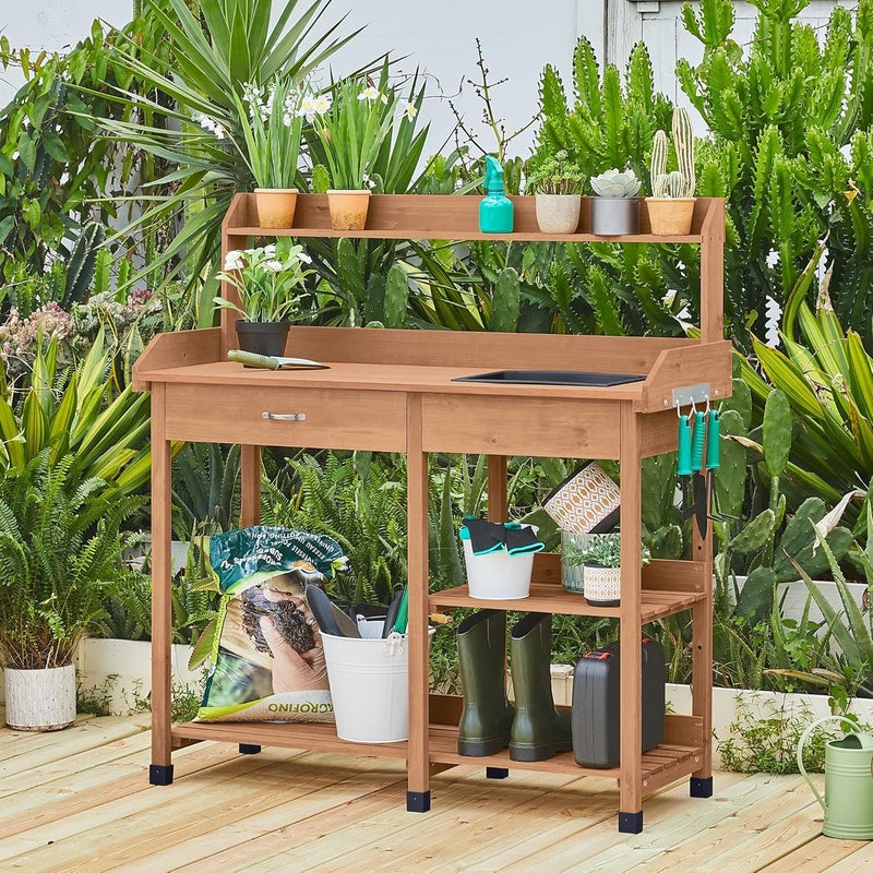Yaheetech Potting Bench Outdoor Garden Work Bench Station Planting Solid Wood Construction for Horticulture w/Sink Drawer Rack Shelves Brown - Image 2