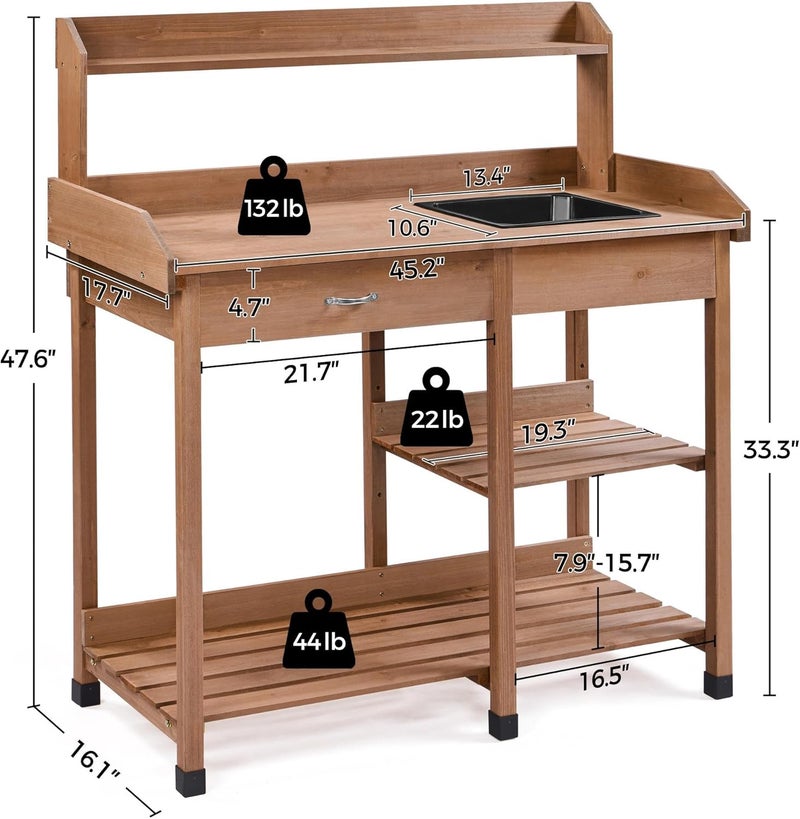 Yaheetech Potting Bench Outdoor Garden Work Bench Station Planting Solid Wood Construction for Horticulture w/Sink Drawer Rack Shelves Brown - Image 3