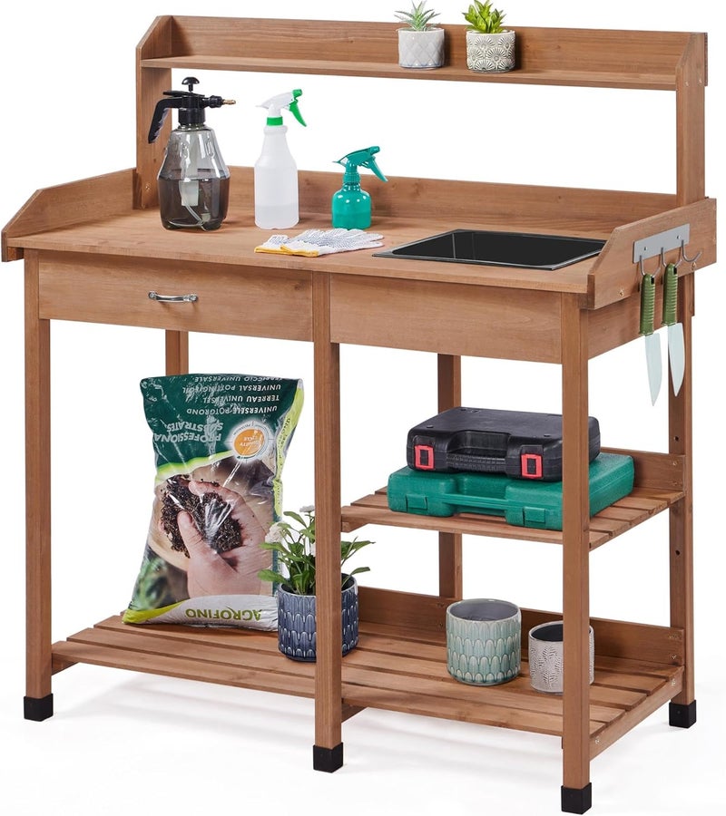 Yaheetech Potting Bench Outdoor Garden Work Bench Station Planting Solid Wood Construction for Horticulture w/Sink Drawer Rack Shelves Brown - Image 1