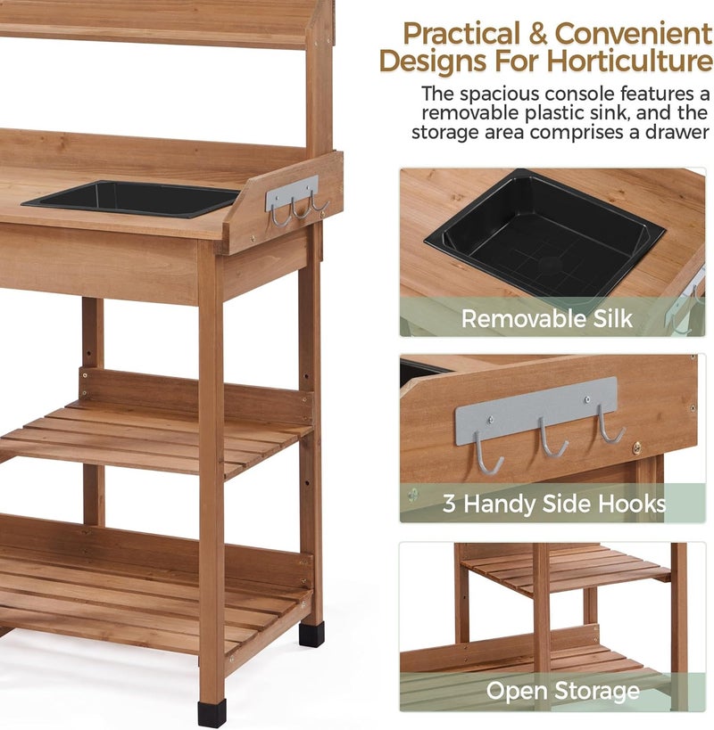 Yaheetech Potting Bench Outdoor Garden Work Bench Station Planting Solid Wood Construction for Horticulture w/Sink Drawer Rack Shelves Brown - Image 5