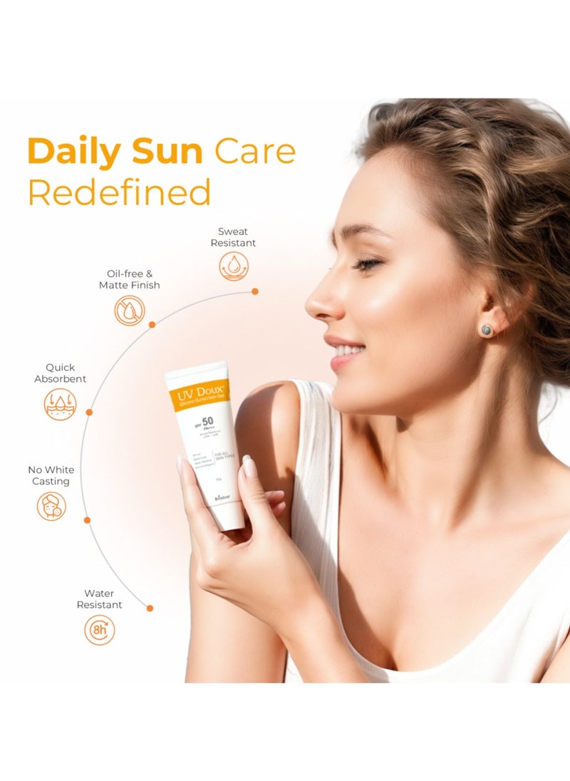 بريتون جل واقي من الشمس خفيف الوزن من UV Doux مع عامل حماية من الشمس SPF 50 وPA+++ طيف واسع للوجه والجسم بدون قالب أبيض| لا يسبب انسداد المسامات، خالٍ من البارابين، مقاوم للماء | لجميع أنواع البشرة، 100 جرام  - Image 2
