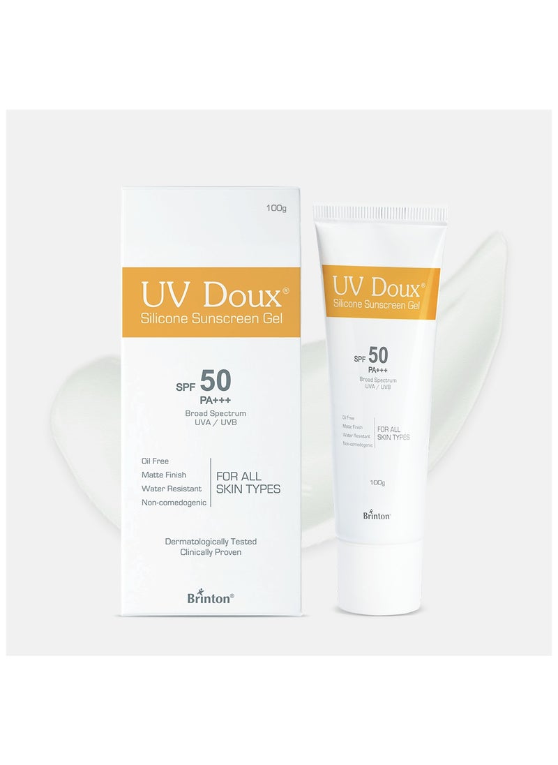 بريتون جل واقي من الشمس خفيف الوزن من UV Doux مع عامل حماية من الشمس SPF 50 وPA+++ طيف واسع للوجه والجسم بدون قالب أبيض| لا يسبب انسداد المسامات، خالٍ من البارابين، مقاوم للماء | لجميع أنواع البشرة، 100 جرام  - Image 1