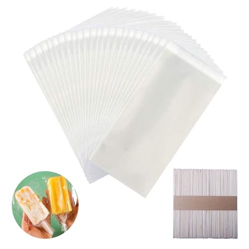 Miaowoof 200PCS Popsicle Sticks and 200PCS Bags, Ice Pop Sticks and Bags For Ice Cream, Self-adhesive Clear Popsicle Wrappers and Sticks - Image 1