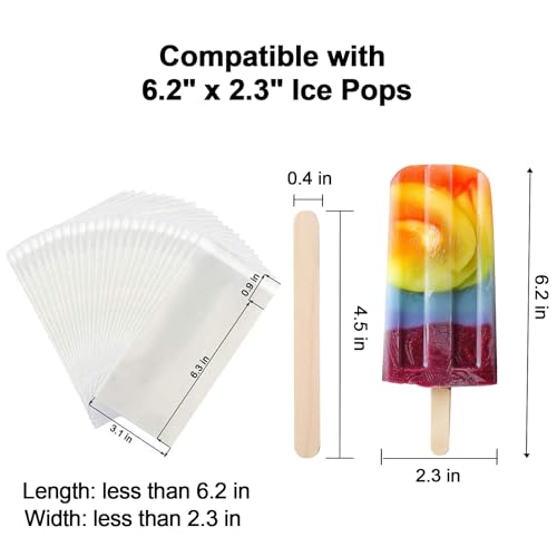 Miaowoof 200PCS Popsicle Sticks and 200PCS Bags, Ice Pop Sticks and Bags For Ice Cream, Self-adhesive Clear Popsicle Wrappers and Sticks - Image 4