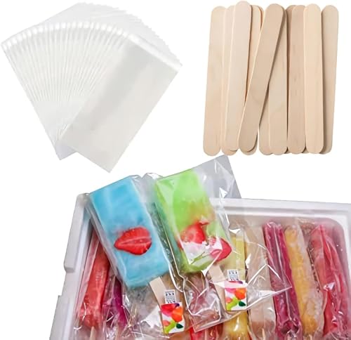 Miaowoof 200PCS Popsicle Sticks and 200PCS Bags, Ice Pop Sticks and Bags For Ice Cream, Self-adhesive Clear Popsicle Wrappers and Sticks - Image 2