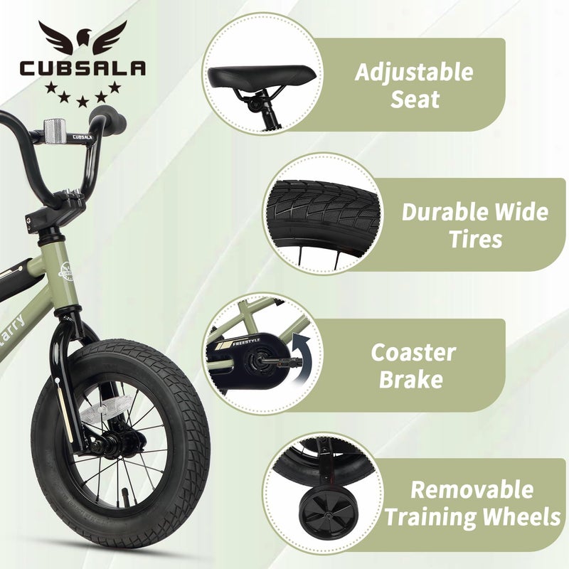 cubsala 12 Inch Kids Bike for 1 2 3 4 Years Old Boys Girls Beiginner Toddlers Riders BMX Style Bicycle with Training Wheels Coaster Brake, Army Green - Image 2