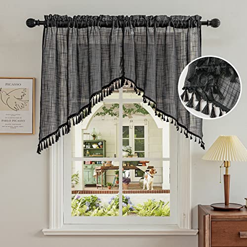 BD BEDA HOME Beda Home Tassel Linen Textured Swag Curtain Valance for Farmhouses’ Kitchen; Light Filtering Rustic Short Swag Topper for Small Windows Bedroom Privacy Added Rod Pocket Design (36W x 36L, Black) - Image 1