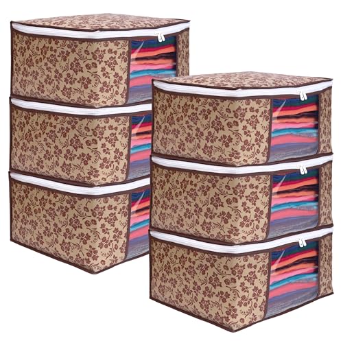 LAXIS® Saree Covers With Zip Non-Woven Printed Saree Cover/Saree Organizer For Wardrobe/Cloth Storage With Transparent Window/Saree Bags Storage/Clothes Organizer (Brown- Pack of 6) - Image 1
