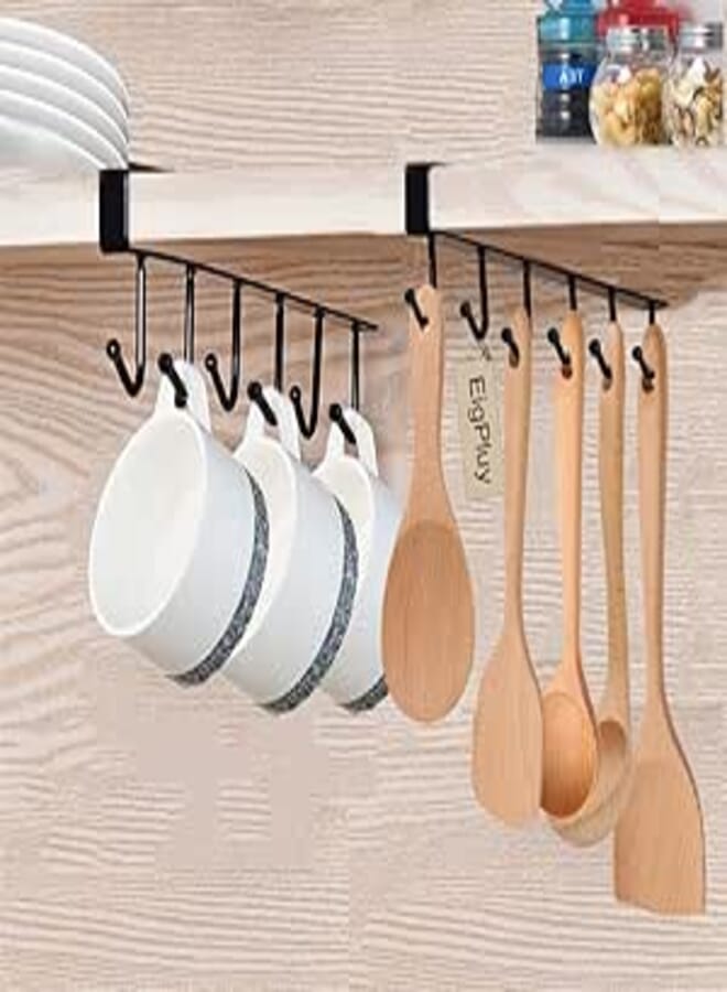 EigPluy Mug Holder 6x2 Hook Under Cabinet Cups Rack - Nail Free Coffee Cup Holder, Kitchen Utensil Storage, Ties Belts Scarf Hanging Hooks Rack (Black)