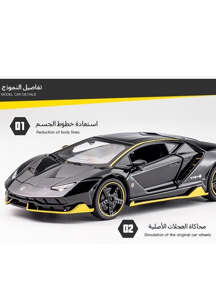 لعبة نموذج سيارة لامبورجيني LP770 بمقياس 1:32، سيارة سحب للخلف مصنوعة من سبائك الزنك، مزودة بخاصية الصوت والضوء، مناسبة كهدية للأطفال والأولاد والبنات، لون أسود  - Image 1