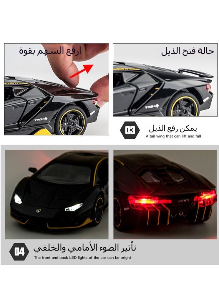 لعبة نموذج سيارة لامبورجيني LP770 بمقياس 1:32، سيارة سحب للخلف مصنوعة من سبائك الزنك، مزودة بخاصية الصوت والضوء، مناسبة كهدية للأطفال والأولاد والبنات، لون أسود  - Image 2