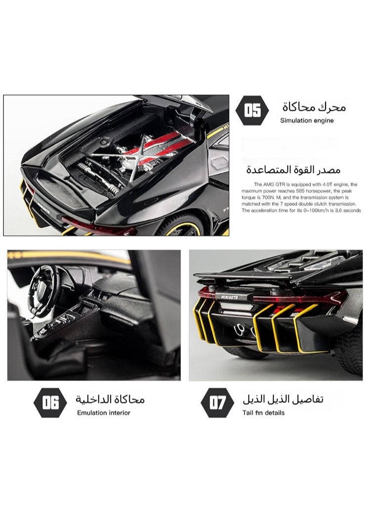 لعبة نموذج سيارة لامبورجيني LP770 بمقياس 1:32، سيارة سحب للخلف مصنوعة من سبائك الزنك، مزودة بخاصية الصوت والضوء، مناسبة كهدية للأطفال والأولاد والبنات، لون أسود  - Image 3