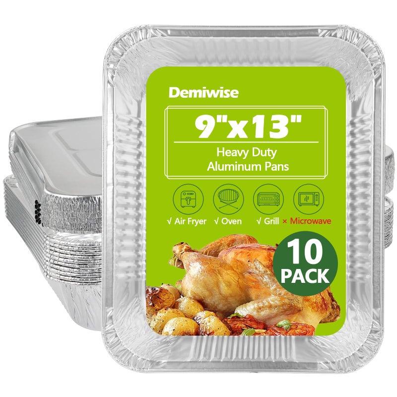 Demiwise Thickened 10 Pack Heavy Duty Aluminum Pans with Lids, 9x13 Aluminum Foil Pans Disposable, Half Size Steam Table Foil Baking Tray for Cooking, Baking, Roasting & Chafing, Carton Packaging - Image 1
