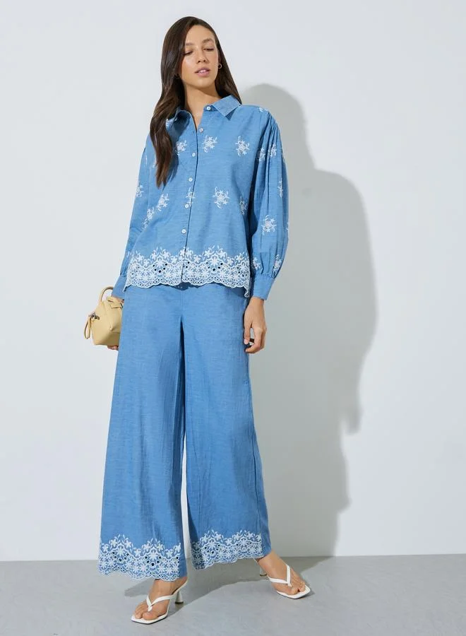 ستايلي Blue Cotton Embroidered Boxy Fit Shirt