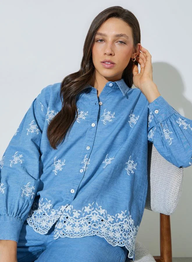 ستايلي Blue Cotton Embroidered Boxy Fit Shirt