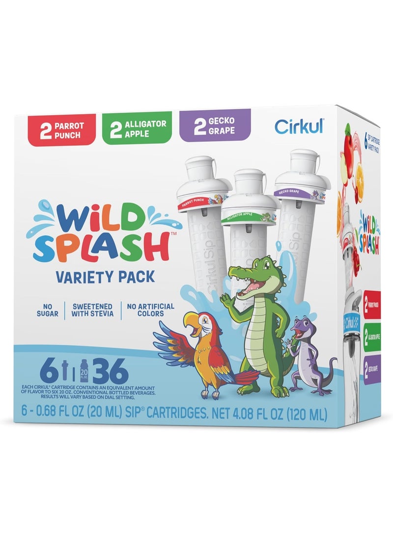 Cirkul Wild Splash Flavor Cartridge Variety Pack with Stevia, 6-Pack (2 Parrot Punch, 2 Alligator Apple, 2 Gecko Grape)