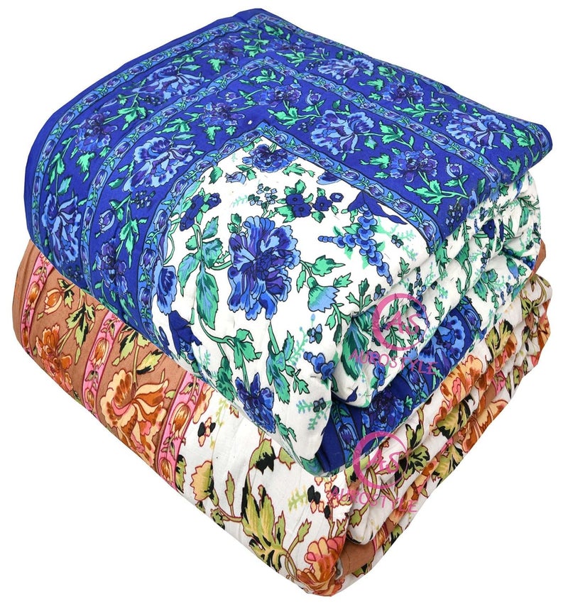 AUROSTYLE 400 TC Pure Cotton Jaipuri Light Weight Traditional Rajasthani Print Quilt/Razai/Rajai (Single Bed Combo Set of 2-10) - Image 3