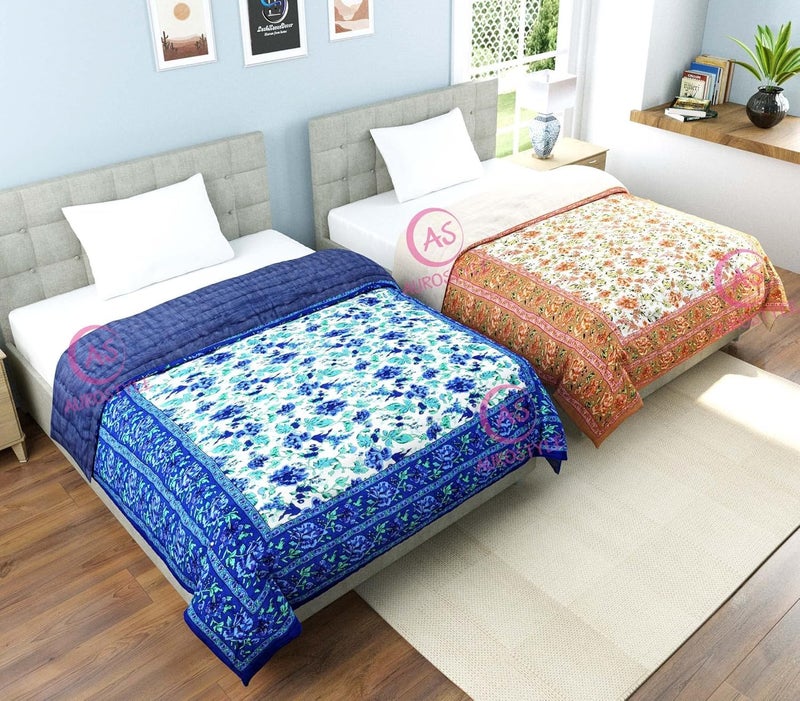 AUROSTYLE 400 TC Pure Cotton Jaipuri Light Weight Traditional Rajasthani Print Quilt/Razai/Rajai (Single Bed Combo Set of 2-10) - Image 5