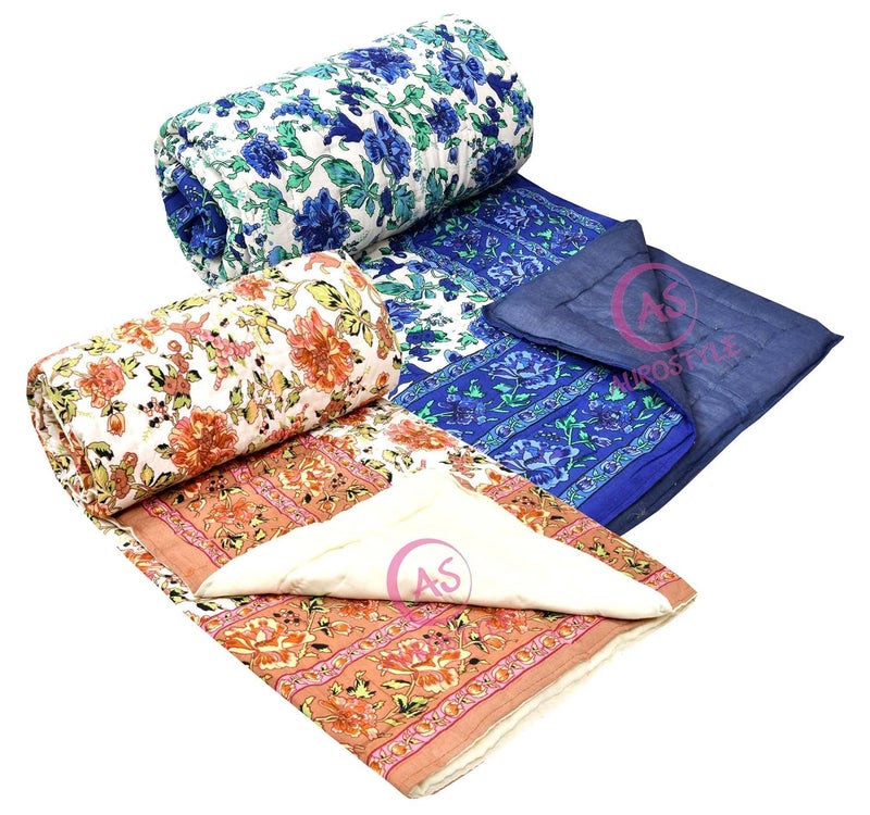AUROSTYLE 400 TC Pure Cotton Jaipuri Light Weight Traditional Rajasthani Print Quilt/Razai/Rajai (Single Bed Combo Set of 2-10) - Image 1