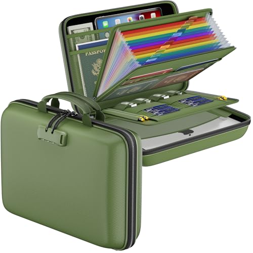DocSafe Fireproof File Organizer with Lock, Hard-Shell Case Fireproof Document Box with 13 Pocket Accordion File Folder, Portable Home Office Travel Safe Storage for Important Documents Laptop Green - Image 1