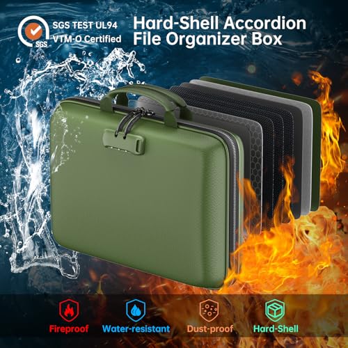 DocSafe Fireproof File Organizer with Lock, Hard-Shell Case Fireproof Document Box with 13 Pocket Accordion File Folder, Portable Home Office Travel Safe Storage for Important Documents Laptop Green - Image 2