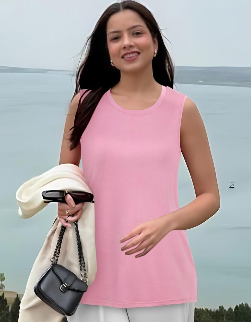 rosemia Summer Sleeveless Tops for Women Tank T Shirts Casual Loose Tunic Blouses(Solid Pink, L) - Image 5