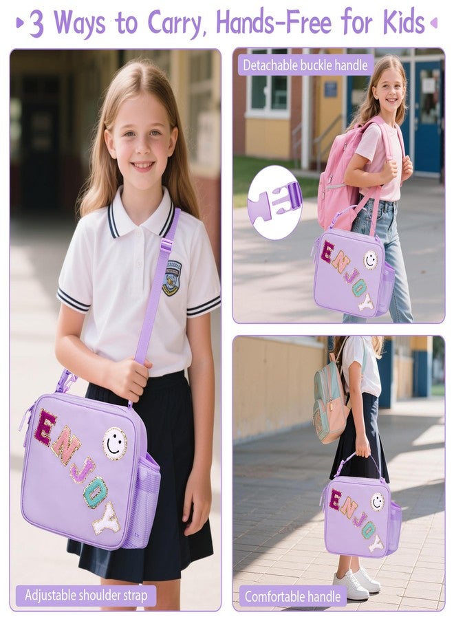 CLOUDWINGS Insulated Lunch Bag With Adjustable Shoulder Strap, Girl Reusable Leak-proof Lunch Box for Kid Teen Women, Preppy LunchBag Tote for School Travel Picnic Office, Purple - Image 4