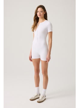 Los Ojos White Ribbed Short Sleeve Short Jumpsuit Short Romper  - Image 3