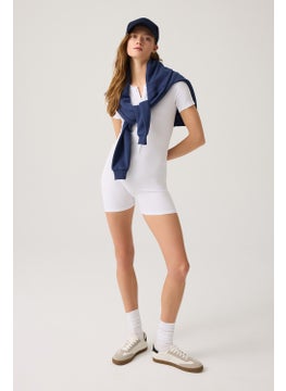 Los Ojos White Ribbed Short Sleeve Short Jumpsuit Short Romper  - Image 5