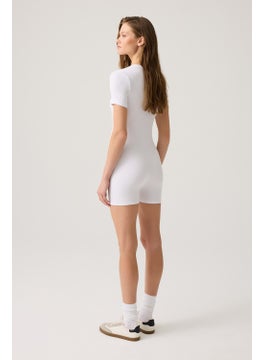 Los Ojos White Ribbed Short Sleeve Short Jumpsuit Short Romper  - Image 4