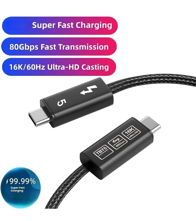 كابل Thunderbolt 5 من USB-C إلى USB-C بطول 39.37 بوصة، شحن سريع، نقل بيانات بسرعة 80 جيجابت/ثانية، عرض نطاق ترددي 120 جيجابت/ثانية، متوافق مع الإصدارات السابقة Thunderbolt 4 و3 وUSB4 وUSB 3.2 Gen 2×2 وUSB 3.2 وUSB 2.0، يدعم إخراج فيديو بدقة 16K و8K و4K، متوافق مع iPhone 16 وMacBook. - Image 1
