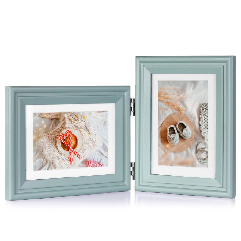 Tamolus 5X7 Double Wooden Hinged Picture Frame Horizontal and Vertical in Teal Blue  Display 4x6 with Mat or 5x7 without Mat  Folding Photo Frame with Real Glass Front for Tabletop X2-LAN-HS57 - Image 1