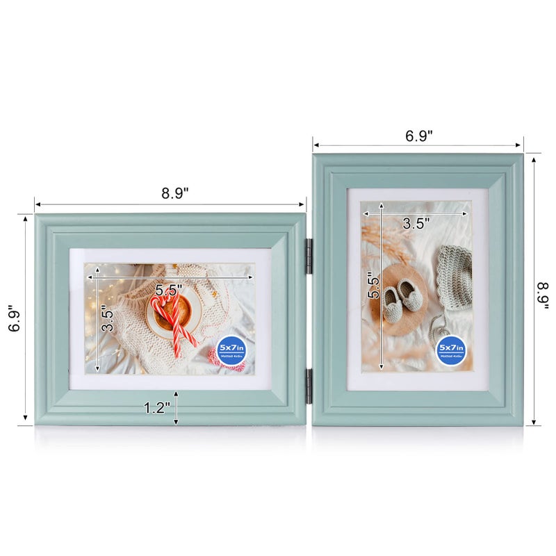 Tamolus 5X7 Double Wooden Hinged Picture Frame Horizontal and Vertical in Teal Blue  Display 4x6 with Mat or 5x7 without Mat  Folding Photo Frame with Real Glass Front for Tabletop X2-LAN-HS57 - Image 2
