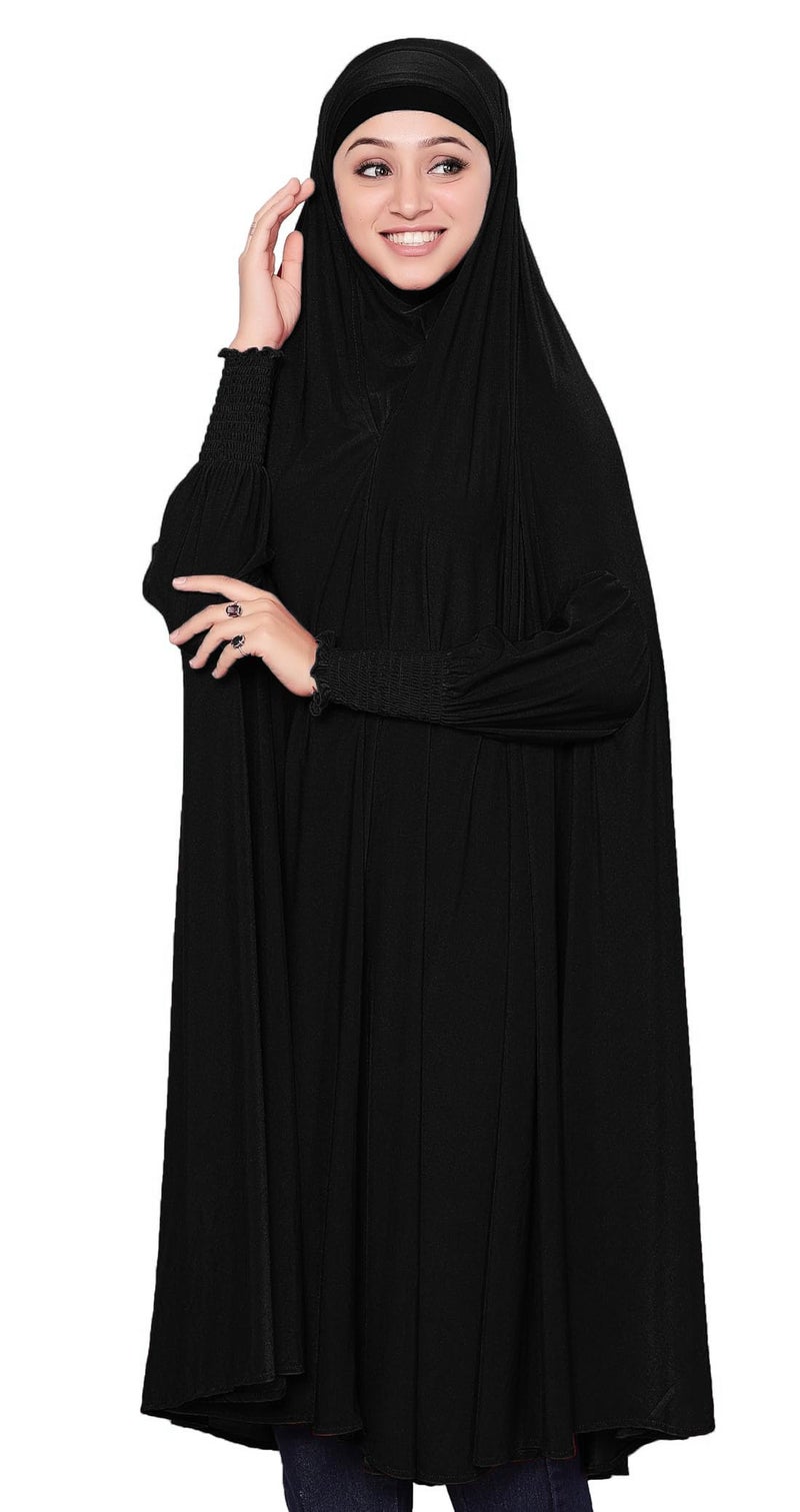 ICW Women Stretchable Jersey Smoking Sleeve Jilbab Cum Prayer Khimar Hijab (Free Size) 60 Inch (Black), Female - Image 5