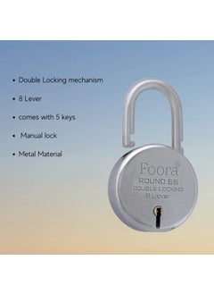 Foora Foora Aligarh Round 65mm Lock Metal Body Double Locking 8 Steel Levers 8 Keys with Keychain Silver Finish HighSecurity Padlock for Doors Gates Shutters Made in India  - Image 4