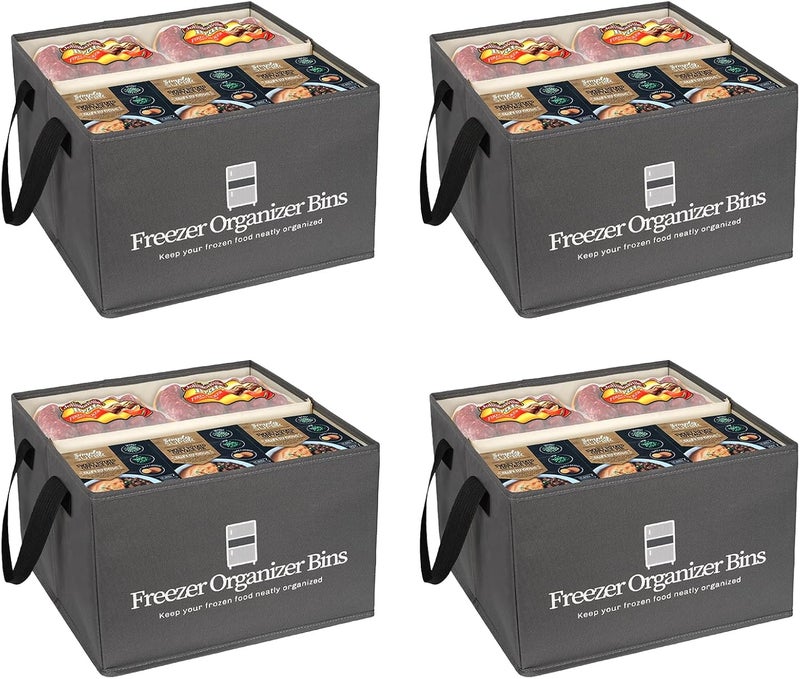 Flenpptly Freezer Organizer Bins, 4 Pack Collapsible Deep Freezer Organizer Bins for 15"x14"x9", freezer Storage Bins with Removable Dividers, Handles (Dark Grey, 4 Pack) - Image 1