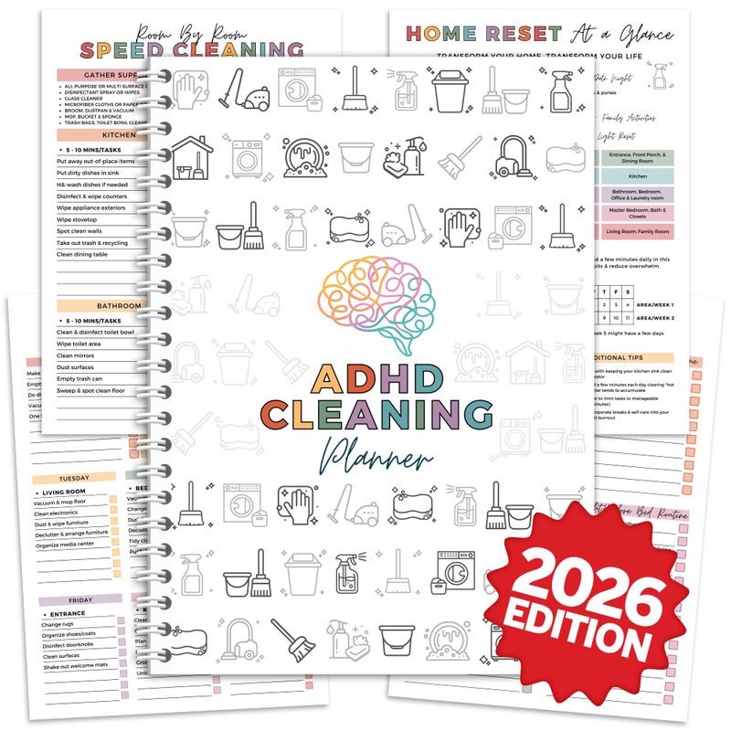 BOYESE ADHD Cleaning Planner, ADHD Cleaning and Organizing Planner for Adults Women, House Clean Schedule and Checklist, Daily Weekly Monthly Chore Chart Notebook Calendar 5.8 x 8.3" - Image 1