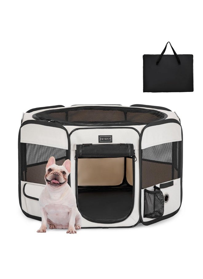 Petsfit PETSFIT Dog Playpen, Pop Up 29.5" Sturdy Small Animal Playpen Dog Kennel Foldable Portable Puppy Cat Playpen Indoor Outdoor with Carring Case,Zipper Removable Mesh Top and Leakproof Bottom Mat Beige S  - Image 1