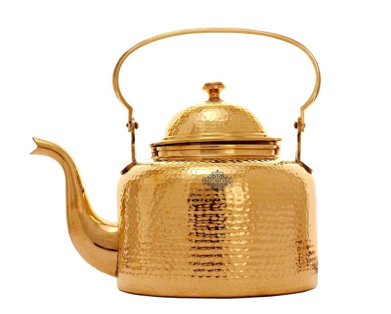 INDIAN ART VILLA INDIAN ART VILLA Brass Hammered Tea Pot Kettle Perfect for Tea and Coffee Traditional and Elegant Design 7 Litre Capacity Gold  - Image 1
