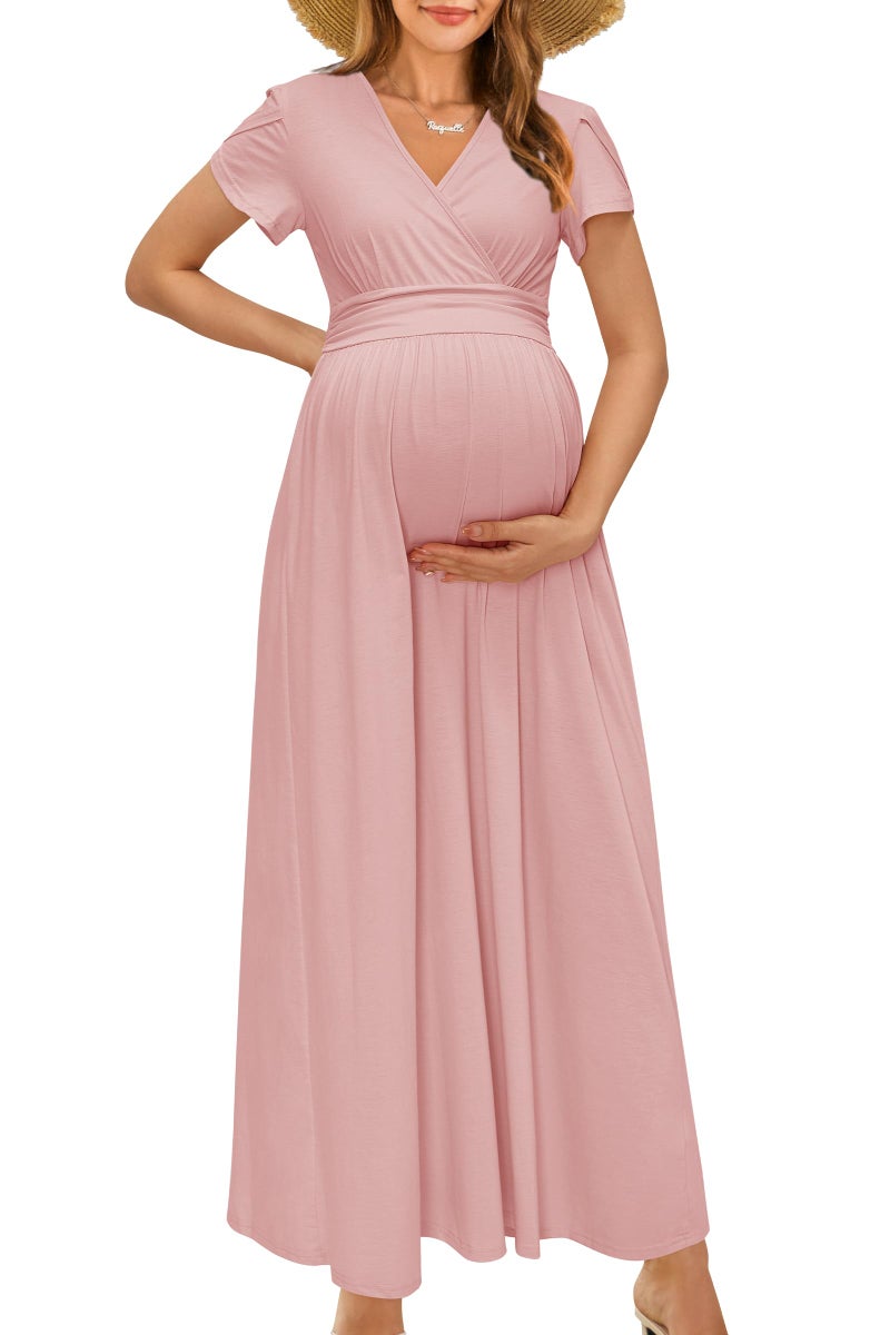 OUGES Maternity Maxi Dress Wrap Baby Shower Pregnancy Dresses for Photoshoot Maternity Outfits Summer Clothes 2026(Pink,M) - Image 1