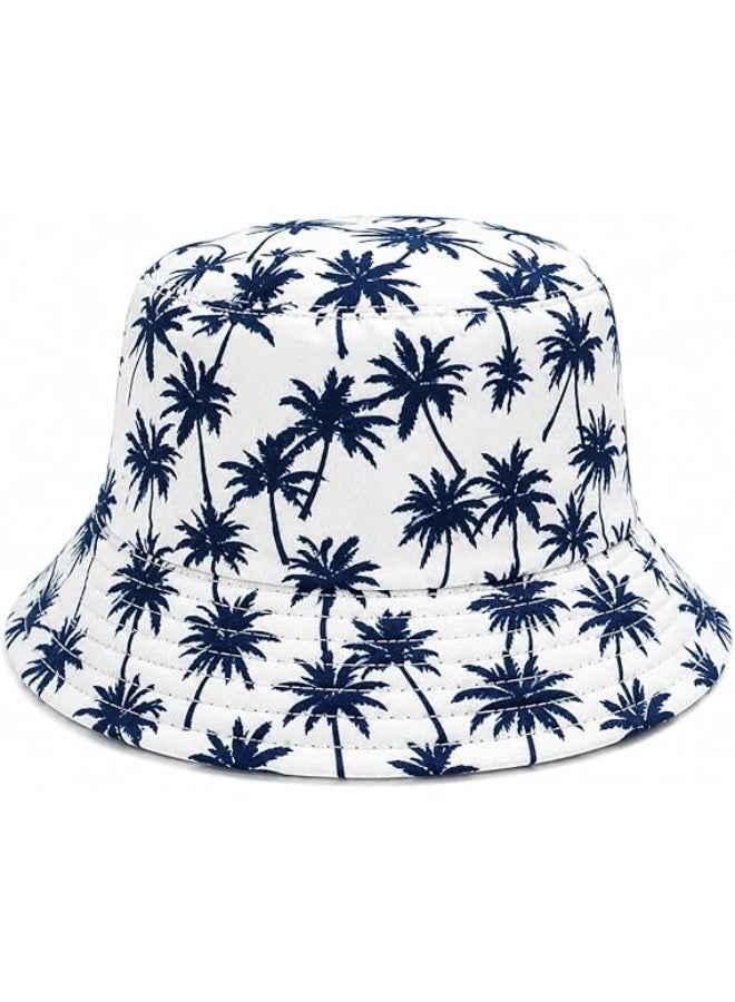 Unisex bucket hat with a palm tree print, modern design in two colors (white and blue), reversible - Image 1