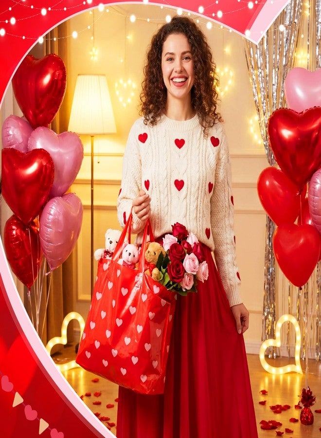 Sinload 100 Pcs Large Valentines Day Gift Bags with Handle Red Heart Plastic Treat Bags Bulk 13.8" x 9.8" Heart Goodie Candy Merchandise Shopping Pouch for Valentine Party Wedding Galentines - Image 2