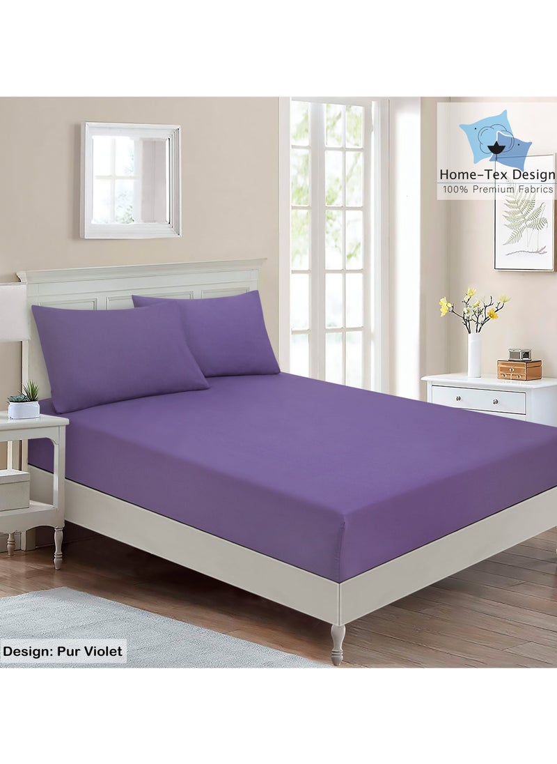 Home-Tex Design Hometex Design Premium 100% Long Stable Cotton Fitted Bed Sheet Set Queen Size 1 Fitted Sheet 160x200 cm and 2 Pillow Covers 50x80 cm with All Around Elastic Pur Violet 