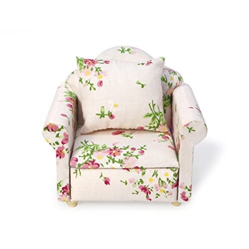 Cutemini Dollhouse Couch with Pillow 1 12 Scale Miniature Sofa Arm Chair Living Room Furniture Wooden Fabric Frame Single Reading Chair Artificial House Room Scene Decoration Pink - Image 1